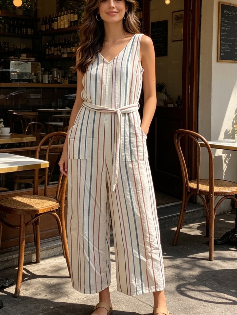 American Eagle Cream Striped Linen Blend Jumpsuit Small Wide Leg Belted Romper